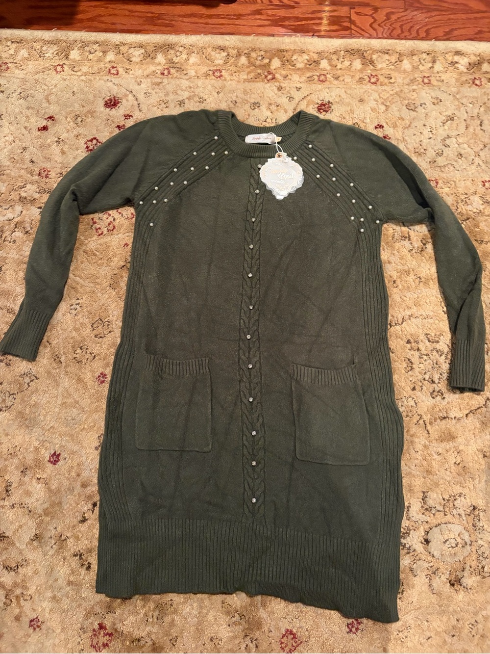 NWT Simply Couture M Crew Neck Sweater dress pearl& rhinestone accents casual